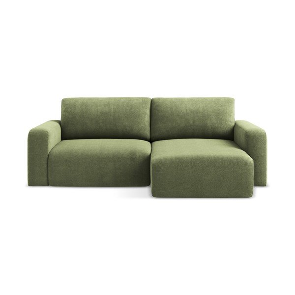Zielony rozkładany/ze schowkiem narożnik z tkaniny szenilowej (prawostronny/z szezlongiem) Kona – Makamii