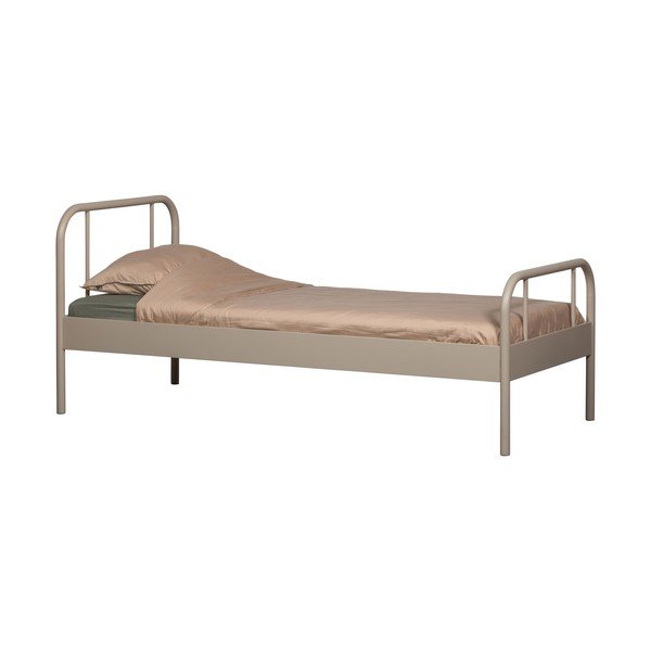 Beżowe metalowe łóżko jednoosobowe ze stelażem 90x200 cm Mata – WOOOD