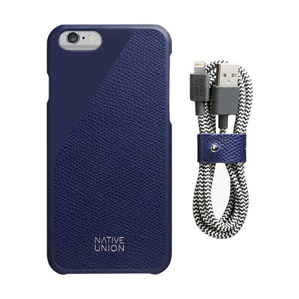 Zestaw ciemnnoniebieskiego etui z prawdziwej skóry i kabla do ładowania iPhone 6 i 6S Plus Native Union Clic Leather Belt