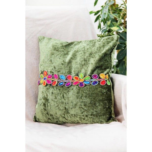 Poszewka na poduszkę Mode, zielona z kwiatkami