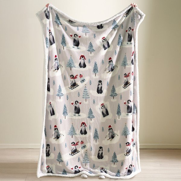 Biały koc ze świątecznym motywem 170x130 cm Christmas Sherpa Penguins – Catherine Lansfield-image-1