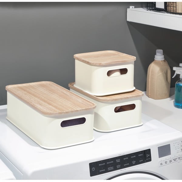 Biały pojemnik z pokrywką z drewna paulownia iDesign Eco Handled, 21,3x43 cm-image-1