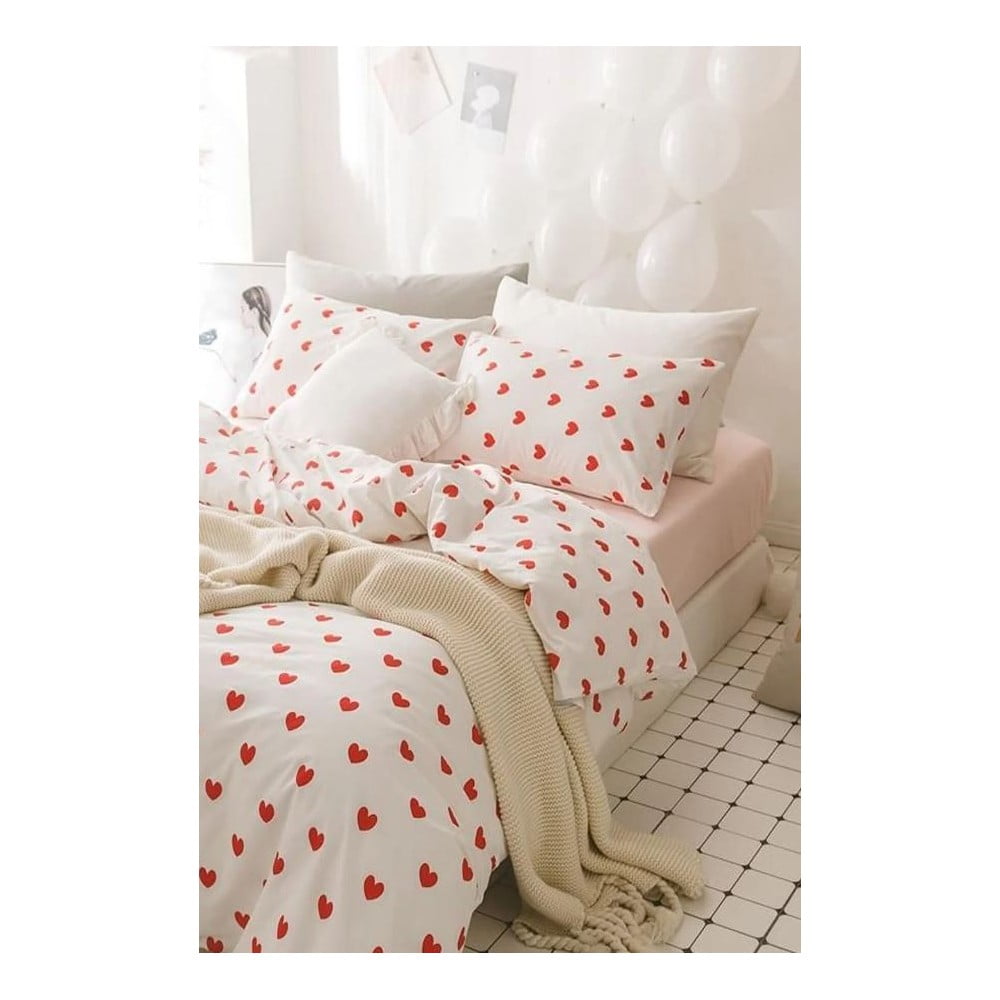 Kremowa pościel dwuosobowa z bawełny renforcé z prześcieradłem 4-częściowa 200x220 cm Mini Hearts – Mila Home (zdjęcie 3)