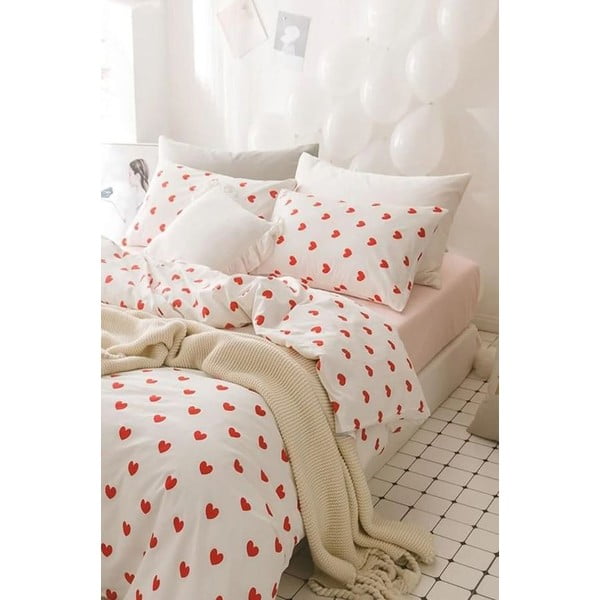 Kremowa pościel dwuosobowa z bawełny renforcé z prześcieradłem 4-częściowa 200x220 cm Mini Hearts – Mila Home-image-2