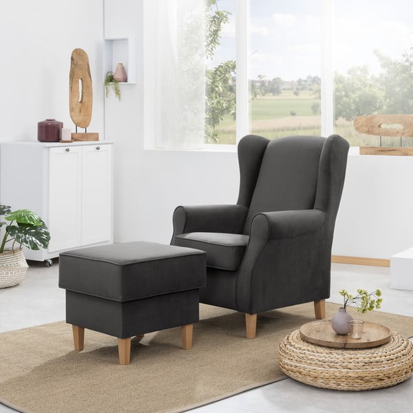 Antracytowy aksamitny fotel uszak z podnóżkiem Max Winzer Lorris-image-1