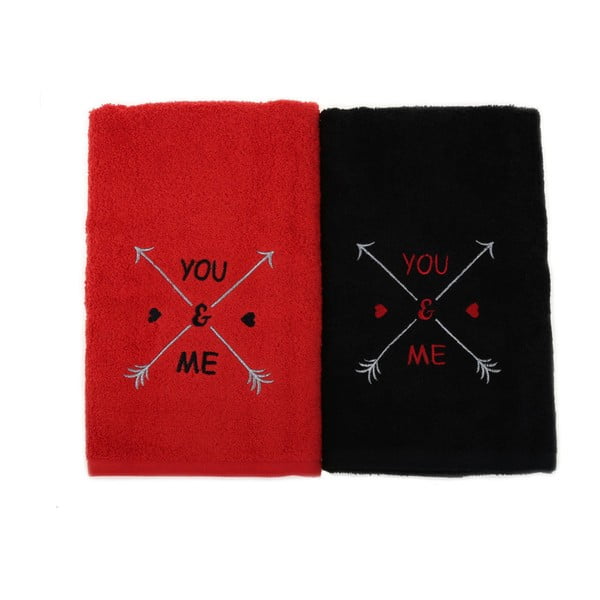 Komplet 2 czarno-czerwonych bawełnianych ręczników You & Me, 50x90 cm