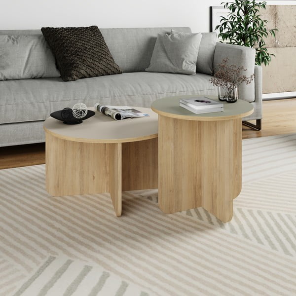 Kremowe/w naturalnym kolorze okrągłe stoliki zestaw 2 szt. w dekorze dębu ø 70 cm Hillary – Marckeric-image-2