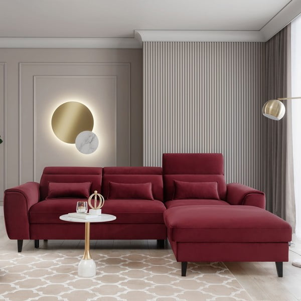Czerwony aksamitny rozkładany/ze schowkiem narożnik (prawostronny/z szezlongiem) Foble – ELTAP-image-1