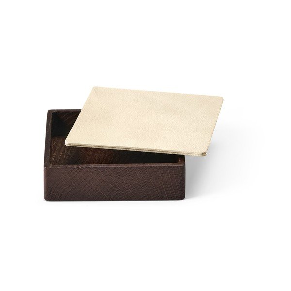 Brązowo-kremowy drewniany/ze skóry ekologicznej pojemnik dekoracyjny z pokrywką 11x11x3,5 cm Square Nupo – LIND DNA-image-1