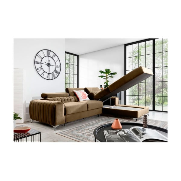 Jasnobrązowy aksamitny rozkładany/ze schowkiem narożnik (prawostronny/z szezlongiem) Grayson – ELTAP-image-3