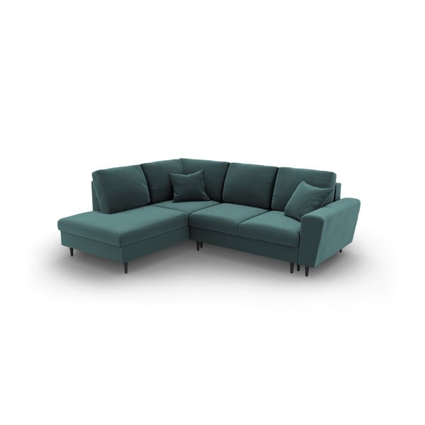 Morski aksamitny rozkładany narożnik ze schowkiem (lewostronny/w kształcie litery L) Kyoto – Cosmopolitan Design-image-1