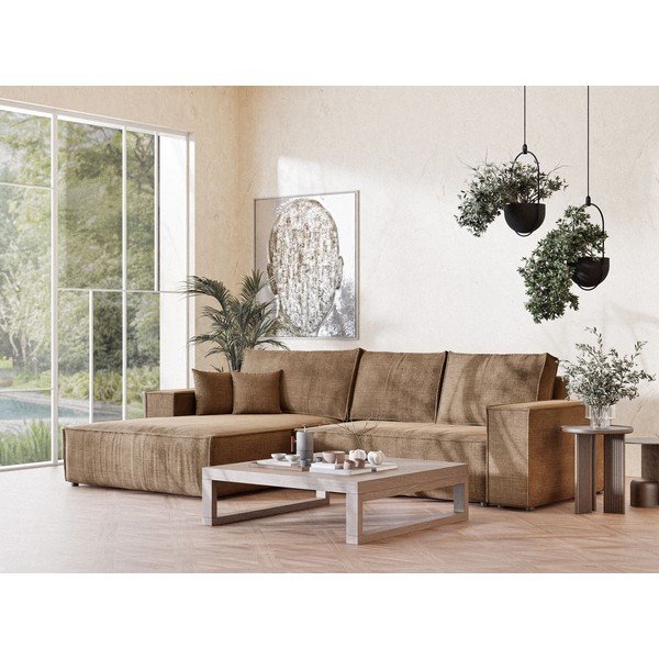 Jasnobrązowy rozkładany/ze schowkiem narożnik z tkaniny szenilowej (lewostronny/z szezlongiem) Maze – Maison de Rêve-image-1