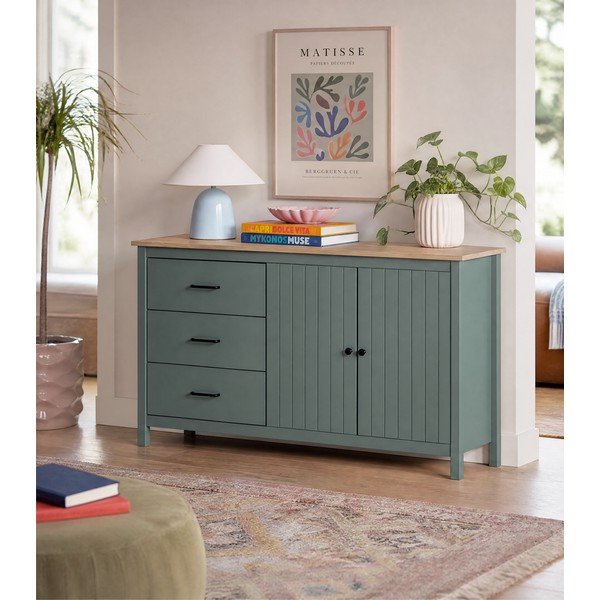 Zielono-naturalna niska komoda z litego drewna sosnowego 150x80 cm Miranda – Marckeric-image-1