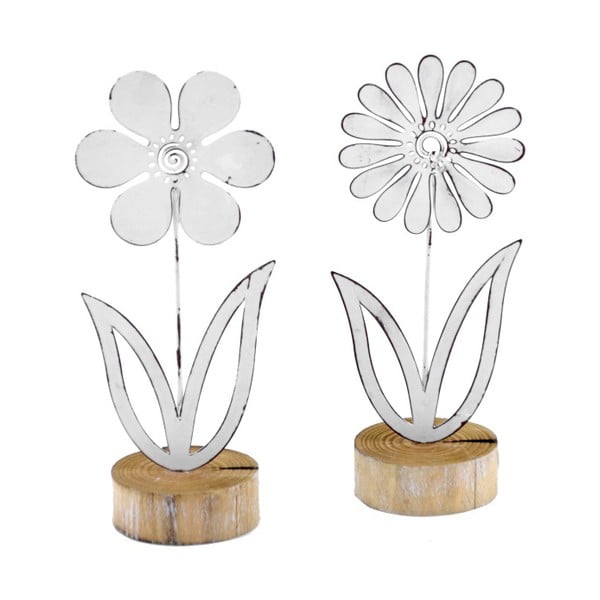 Zestaw 2 małych dekoracji metalowych na drewnianej podstawce z motywem kwiatka Ego Dekor, 9x21,5 cm