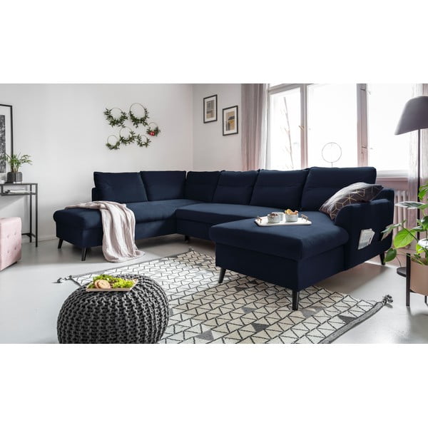 Ciemnoniebieska aksamitna rozkładana sofa w kształcie litery "U" Miuform Stylish Stan, lewostronna-image-3