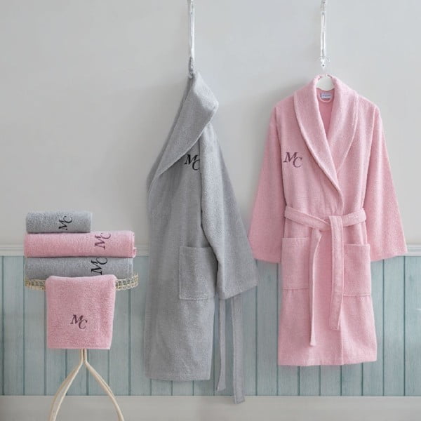 Zestaw damskiego i męskiego szlafroka, 4 ręczników w szarym i różowym kolorze Family Bath