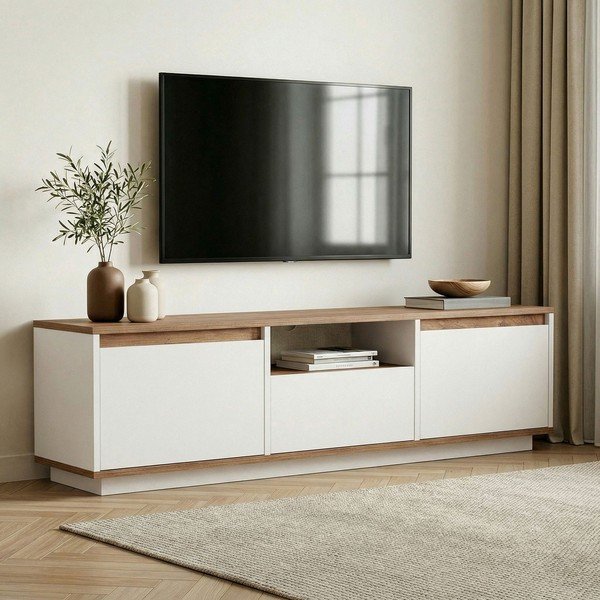Biała/w naturalnym kolorze szafka pod TV w dekorze sosny 160x42x30 cm Sentinel – Kalune Design-image-1