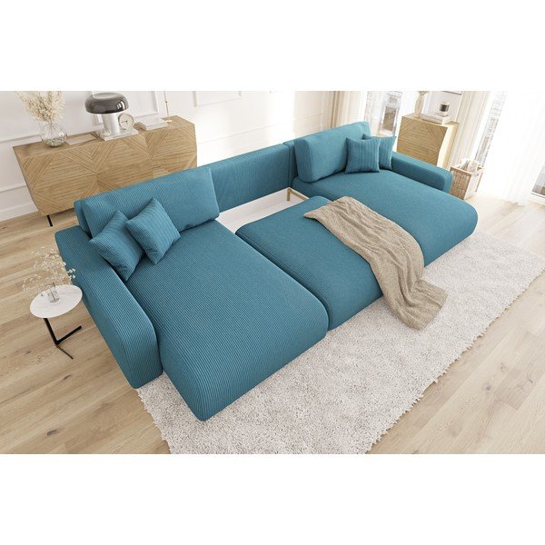 Turkusowy sztruksowy rozkładany narożnik ze schowkiem Sara – Ropez-image-4