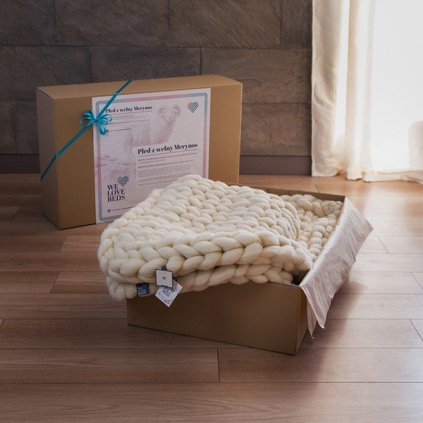 Beżowy ręcznie tkany koc z wełny merynosa WeLoveBeds, 180x140 cm-image-1