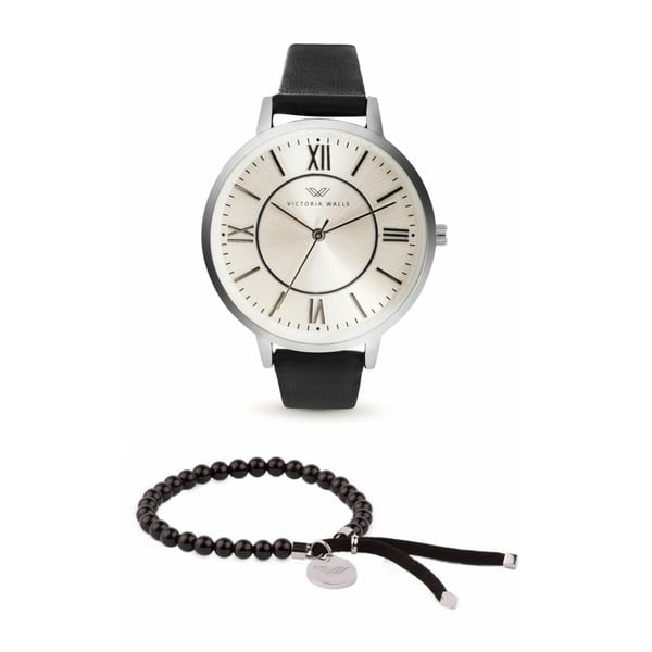 Zestaw damskiego zegarka z czarnym skórzanym paskiem i bransoletki Victoria Walls Classy