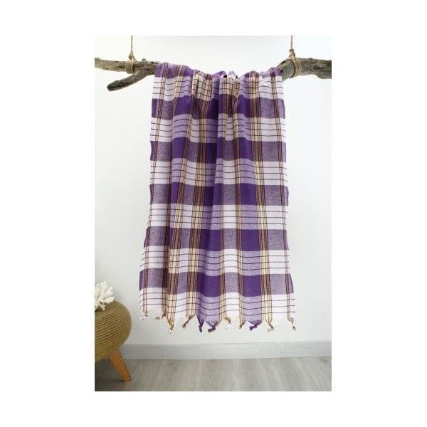 Fioletowy ręcznik w kratę Hammam Traditional Style, 80x175 cm