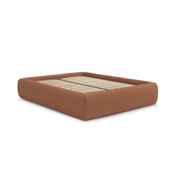 Pomarańczowe tapicerowane łóżko dwuosobowe bez zagłówka ze schowkiem i stelażem 180x200 cm Inera – Bobochic Paris