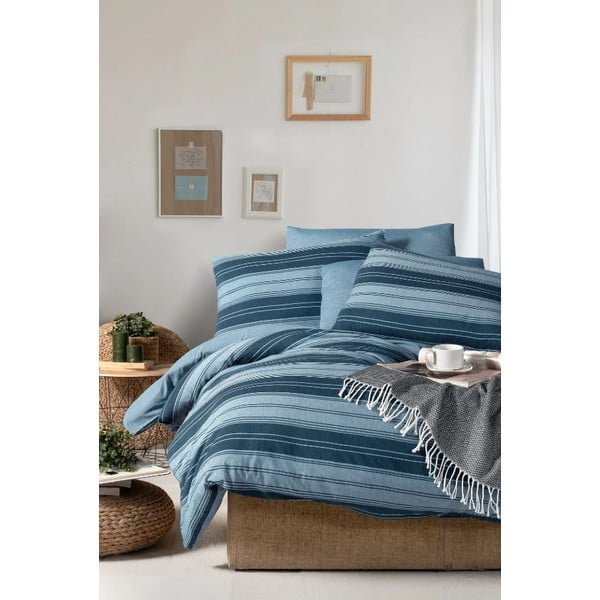 Niebieska 4-częściowa pościel dwuosobowa z prześcieradłem 200x220 cm Stripes – Mila Home-image-3