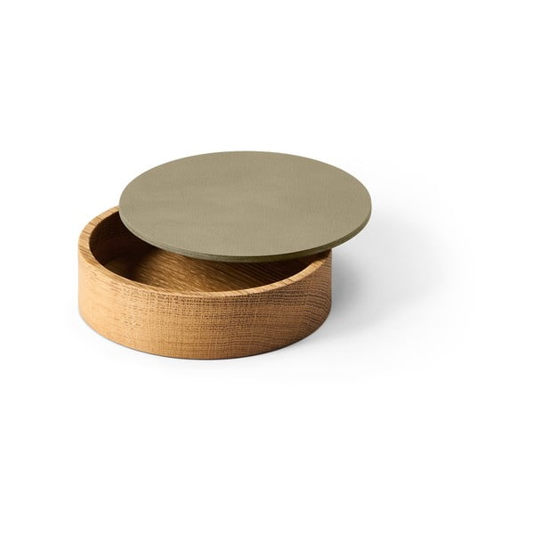 Zielono-naturalny drewniany/ze skóry ekologicznej pojemnik dekoracyjny z pokrywką ø 11x3,5 cm Circle Nupo – LIND DNA-image-1