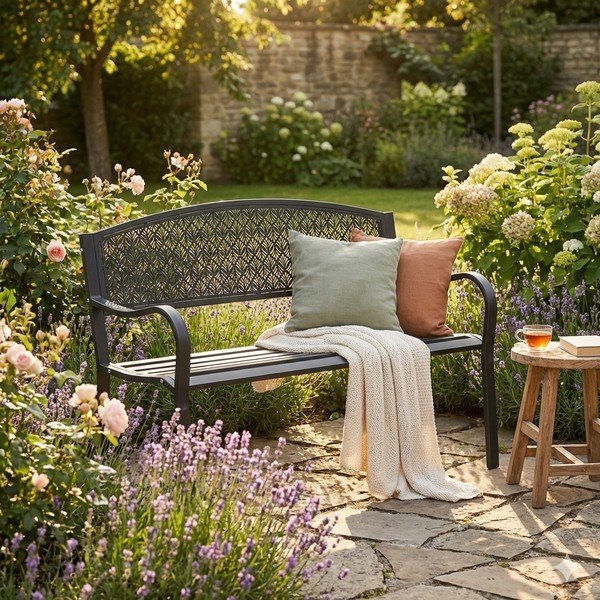 Antracytowa metalowa ławka ogrodowa Lizette – Bizzotto-image-1