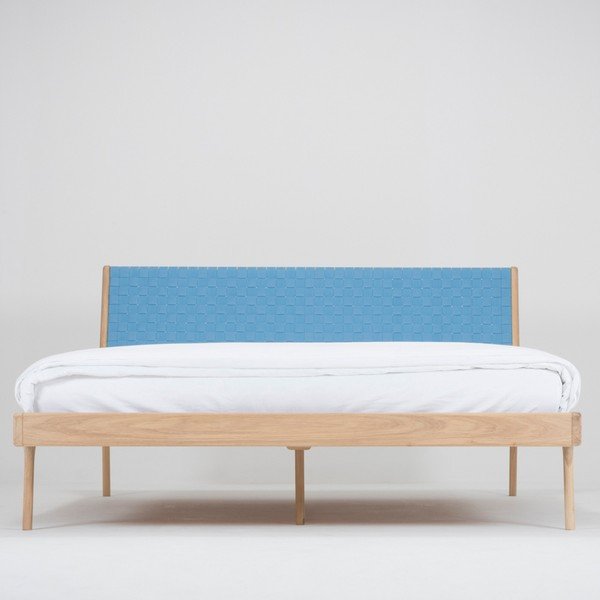 Niebieske/naturalne łóżko dwuosobowe z litego drewna dębowego 160x200 cm Fawn – Gazzda-image-3