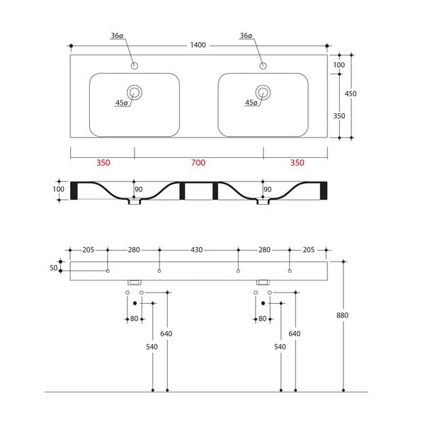 Biała ceramiczna umywalka podwójna 140x45 cm Cento – Sapho-image-2