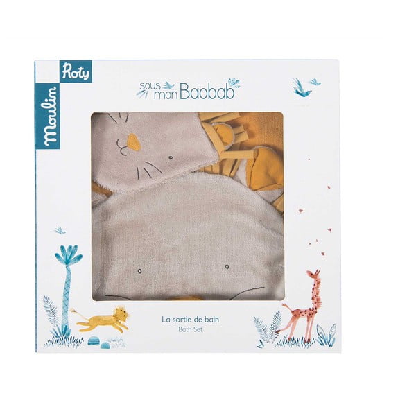 Żółty bawełniany zestaw ręcznika dziecięcego z kapturem i myjki 80x114 cm Sous mon Baobab – Moulin Roty-image-3