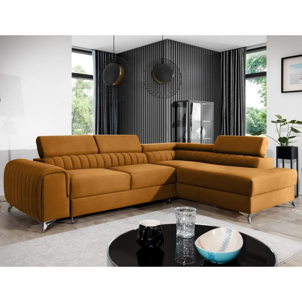 Żółty aksamitny rozkładany/ze schowkiem narożnik (prawostronny/w kształcie litery L) Laurence – ELTAP-image-1