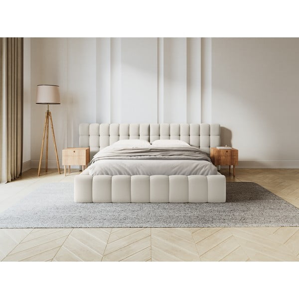 Kremowe tapicerowane łóżko dwuosobowe ze schowkiem i stelażem 180x200 cm Mamaia – Micadoni Home-image-1