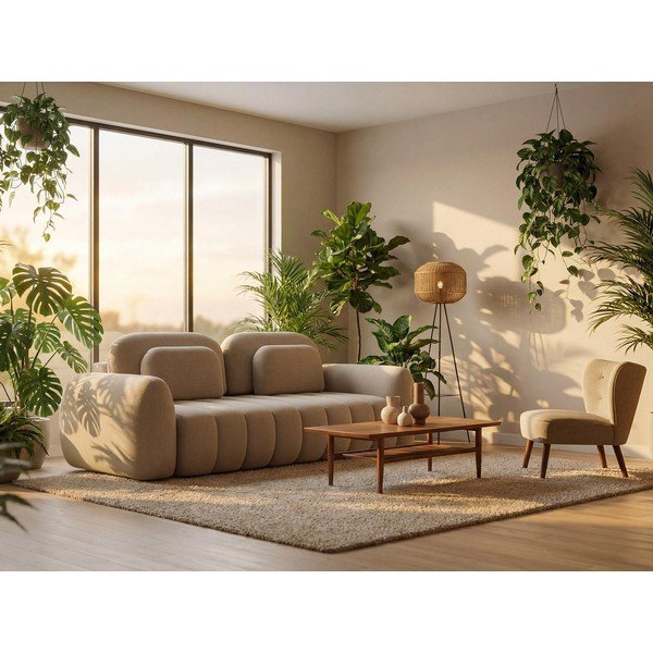 Rozkładany/ze schowkiem narożnik z materiału bouclé (prawostronny/z szezlongiem) w kolorze terakoty Pele – Makamii-image-1