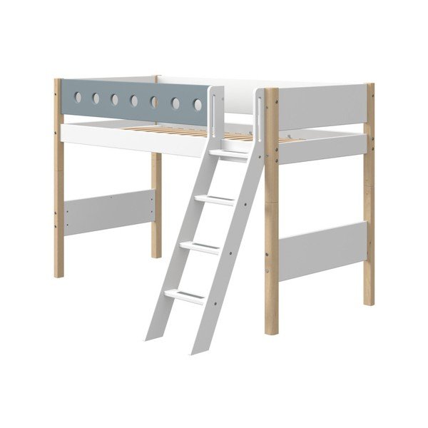 Niebiesko-białe dziecięce łóżko z drabinką i z nogami z drewna brzozowego Flexa White, wys. 143 cm