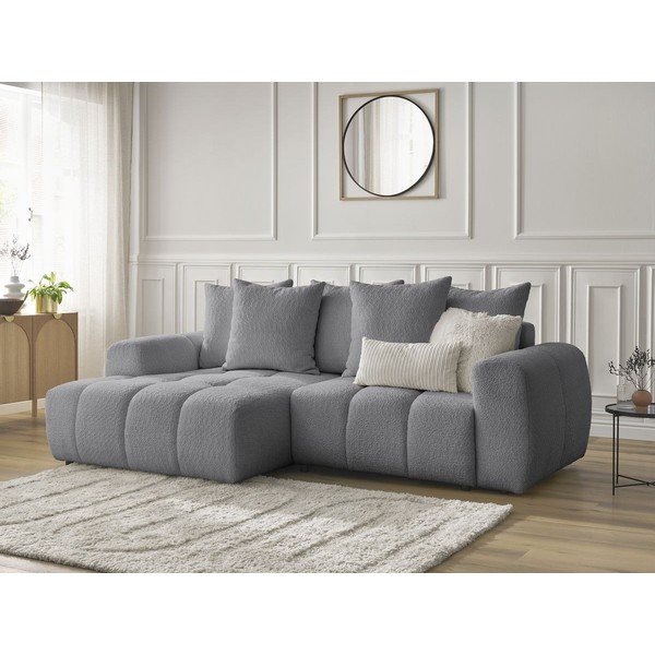 Szary rozkładany narożnik z materiału bouclé ze schowkiem (lewostronny/z szezlongiem) Roxelane – Bobochic Paris-image-4