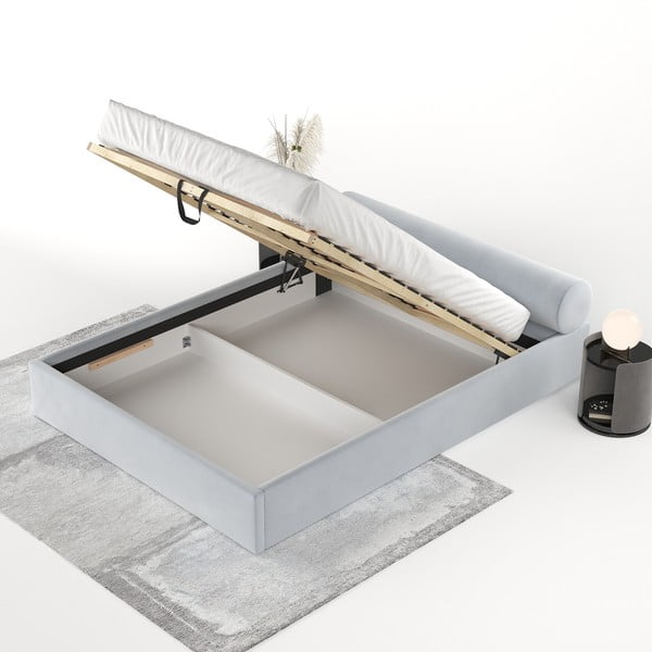 Jasnoszare tapicerowane łóżko dwuosobowe ze schowkiem i stelażem 200x200 cm Solvo – Maison de Rêve-image-4