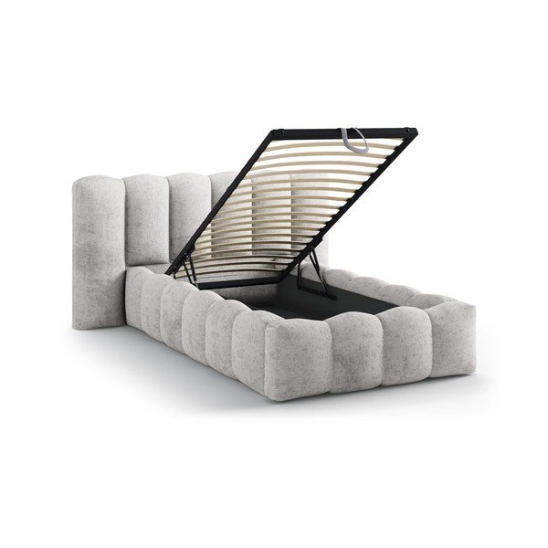 Szare tapicerowane łóżko jednoosobowe ze schowkiem i stelażem 90x200 cm Lupine – Micadoni -image-1