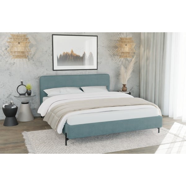 Jasnoniebieskie tapicerowane łóżko dwuosobowe ze stelażem 180x200 cm Barker – Ropez-image-2