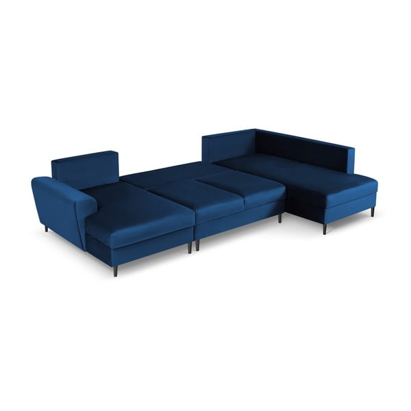 Niebieski aksamitny rozkładany narożnik ze schowkiem (prawostronny/w kształcie litery U) Kyoto – Cosmopolitan Design-image-2