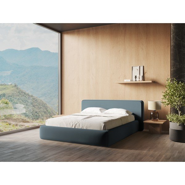 Niebieskie tapicerowane łóżko dwuosobowe ze schowkiem i stelażem 160x200 cm Kiana – Makamii-image-1