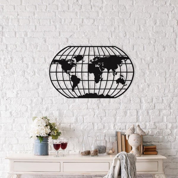 Czarna metalowa dekoracja ścienna Oval World Map, 88x49 cm