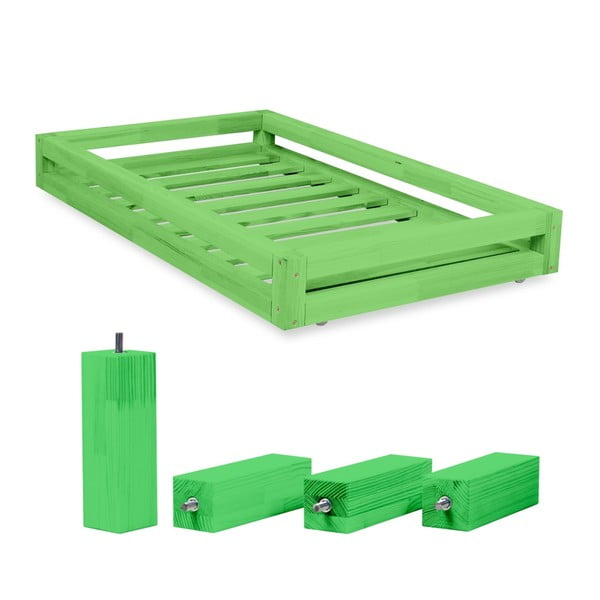 Komplet zielonej szuflady pod łóżko i 4 wydłużonych nóg Benlemi, łóżko 80x200 cm