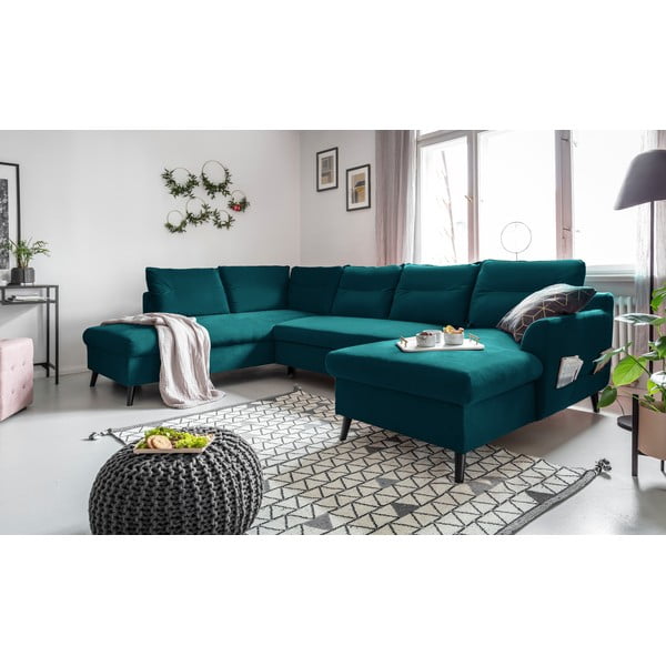 Turkusowa aksamitna rozkładana sofa w kształcie litery "U" Miuform Stylish Stan, lewostronna-image-3