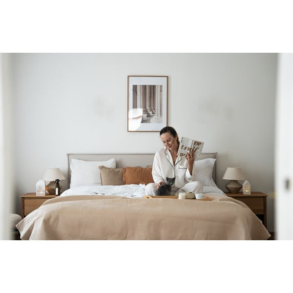 Beżowe tapicerowane łóżko dwuosobowe ze stelażem 180x200 cm Sary – Bobochic Paris-image-1