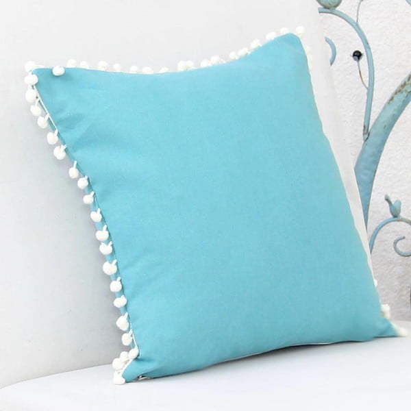 Poszewka na poduszkę Mode, jasnoniebieska z biały pomponikami