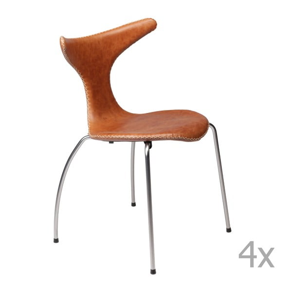 Zestaw 4 brązowych krzeseł skórzanych z metalowymi nogami DAN– FORM Dolphin