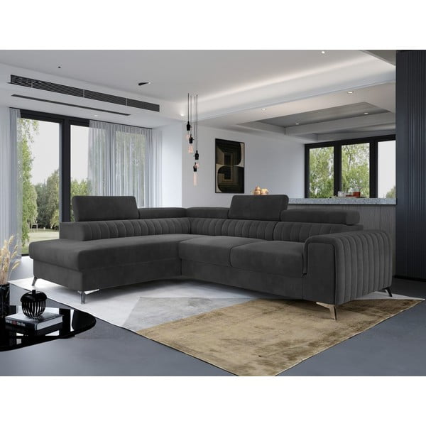 Ciemnoszary aksamitny rozkładany/ze schowkiem narożnik (lewostronny/w kształcie litery L) Laurence – ELTAP-image-1