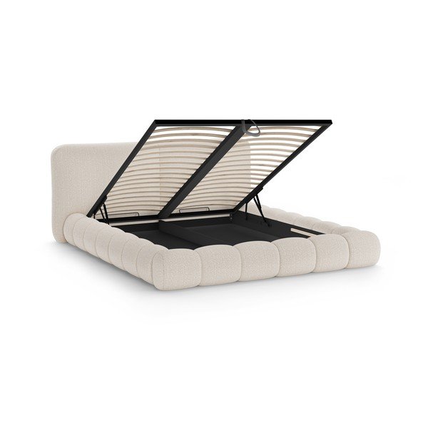 Beżowe tapicerowane łóżko dwuosobowe ze schowkiem i stelażem 200x200 cm Solange – Micadoni -image-2